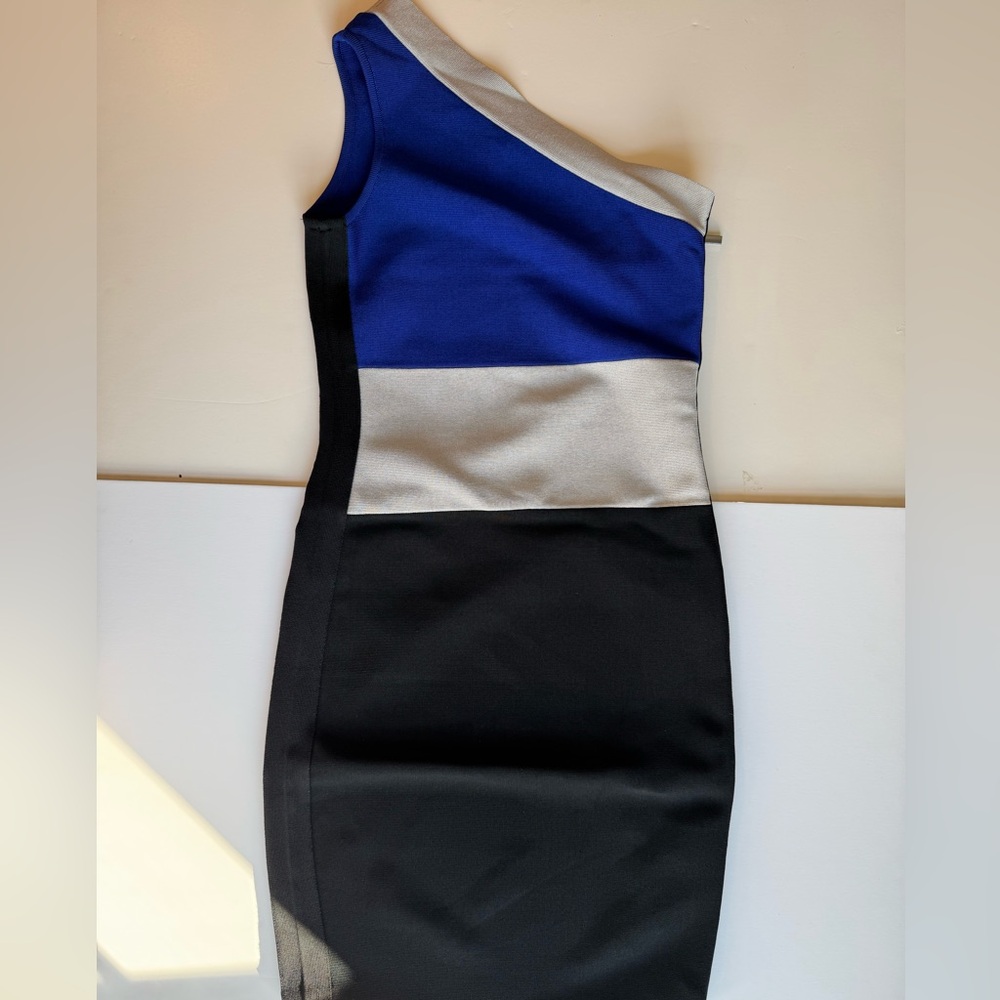 Guess by Marciano One Shoulder Blue, Silver, and Black Dress